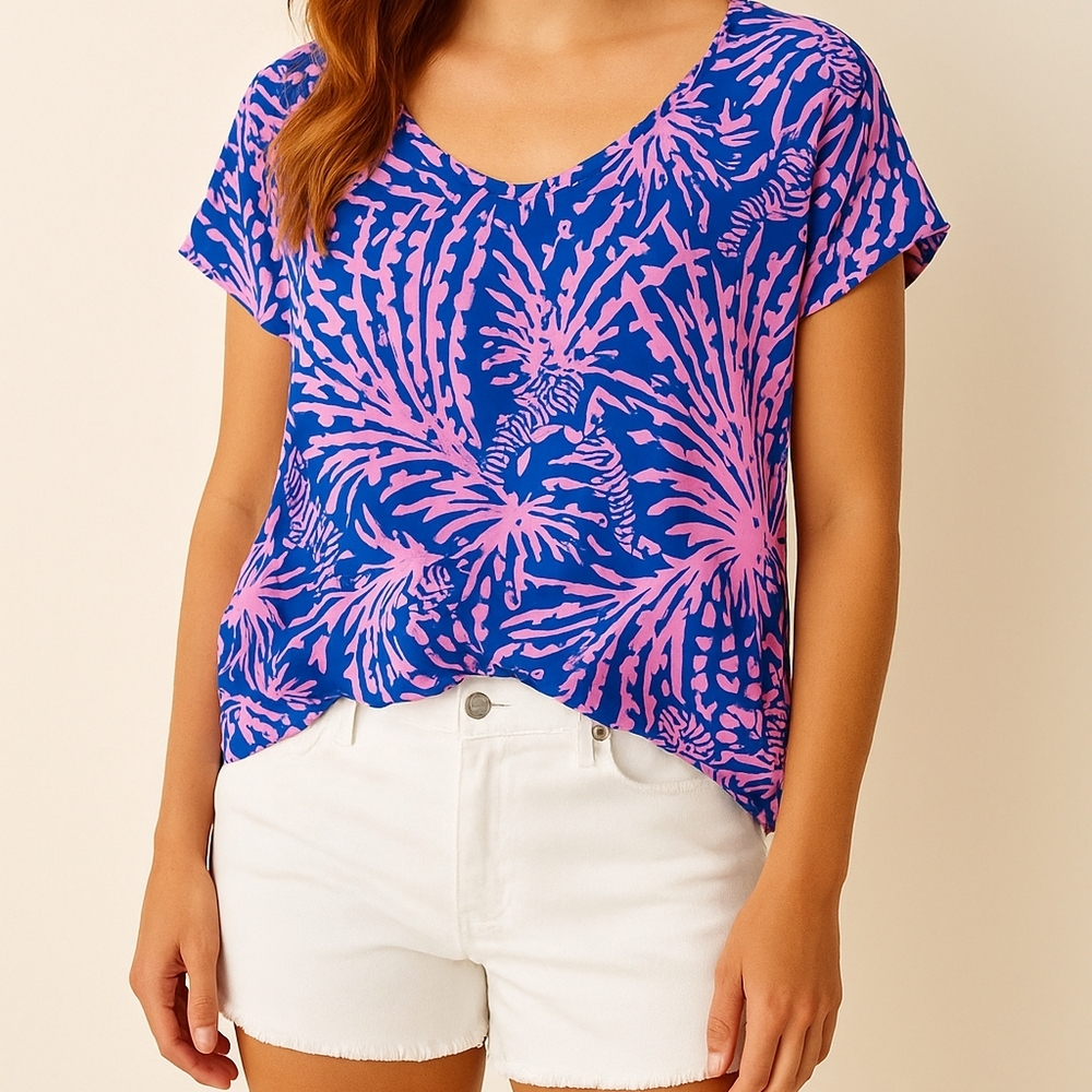 NEW Lily Pulitzer Silk Pink Rollin In Grass Asher Blue Top Large